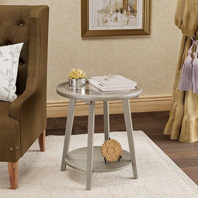 COSIEST 2-Tier End Table with Tempered Glass Top, Round MDF Side Table with - Image 3