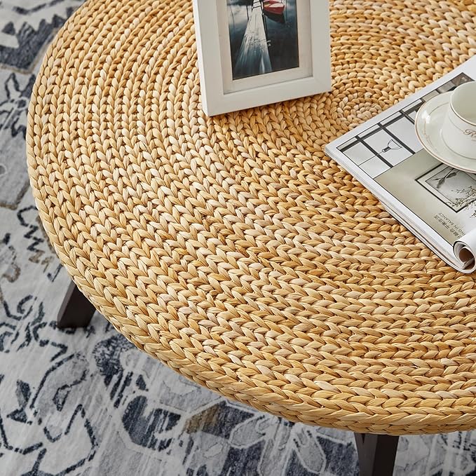 RANDEFURN Coffee Table Round, Seagrass Coffee Tables, Pine Wood X Base Frame - Image 5