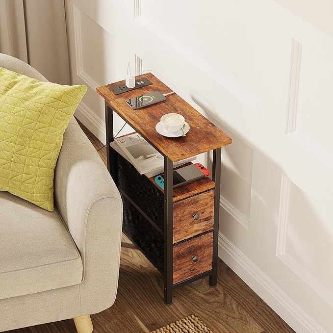 End Table with Charging Station, Narrow Side Table with 2 Fabric Drawers - Image 7