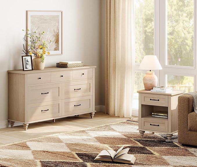 WAMPAT Beige Side Table with Charging Station, Elegant Nightstand - Image 7