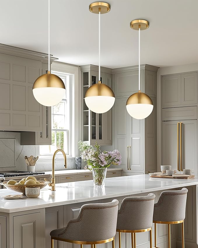 LMS Mid Century Pendant Lights, Brushed Gold Kitchen Island Light Fixtures - Image 5