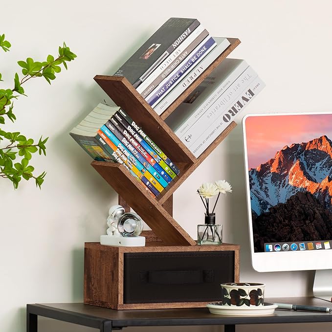 Small Bookshelf with Drawer, 4 Tier Tree Book Shelf, Wood Desk Bookshelves - Image 5