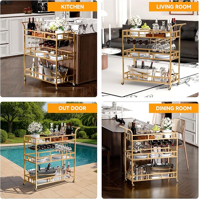 TONGMO Gold Bar Carts with 3 Tier Mirror Shelves, Home Bar Cart with Wine Rack - Image 5
