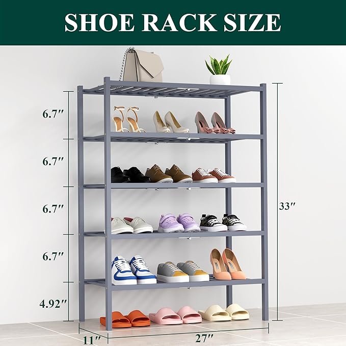 Smiry Shoe Rack, 5 Tier Thick Bamboo Shoe Organizer, Stackable Free Standing - Image 2