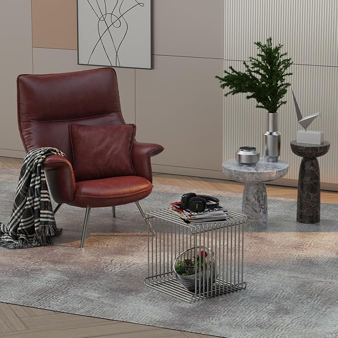 Square Geometry Retro Side Table Prime-Stainless Steel Linear Metal End Table - Image 8