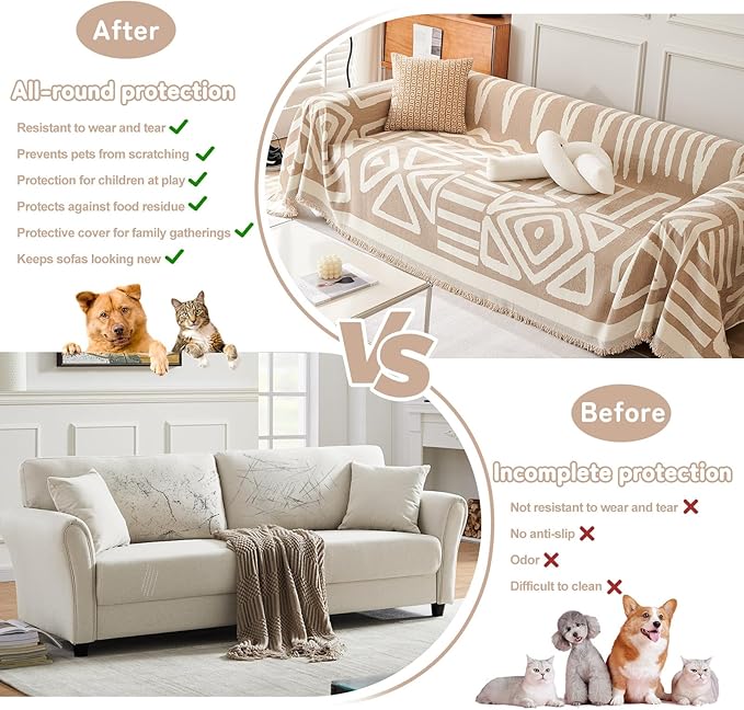 HANDONTIME Sofa Covers for Sectional Sofa Set Boho Couch Cover for Dogs Khaki - Image 5