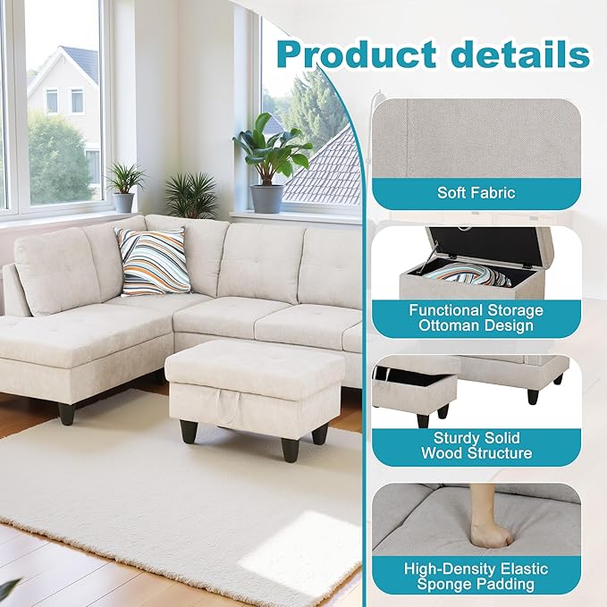 L Shaped Couch Modern Sectional Couch Upholstered Fluffy Fabric 3 Pieces Sofas - Image 5