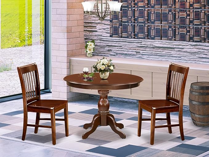 East West Furniture HBNF3-MAH-W 3 Piece Dining Set Contains a Round Dining Room - Image 2