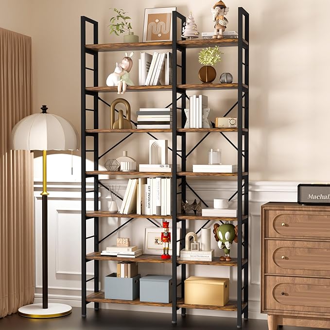 7-Tier Corner Bookshelf, Reversible Wooden Shelves, Industrial Bookcase - Image 8