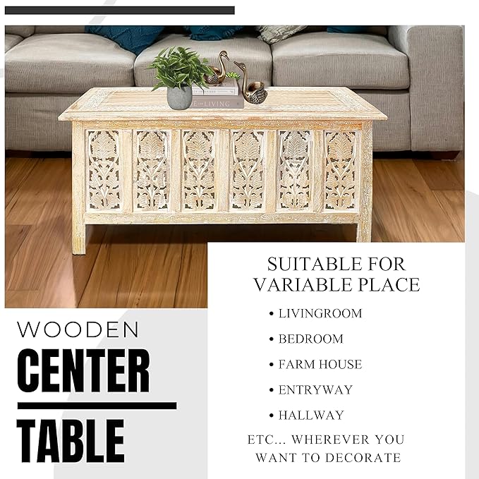 The Wooden Town Rectangular Coffee Table – 36x18 Inch White Wash Finish | - Image 6