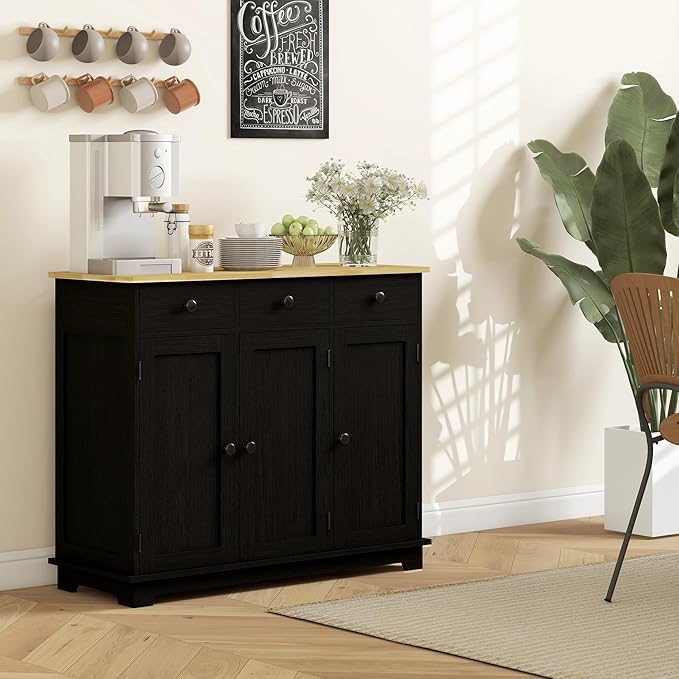 HOMCOM Sideboard with Solid Wood Countertop, Modern Kitchen Storage Cabinet - Image 8
