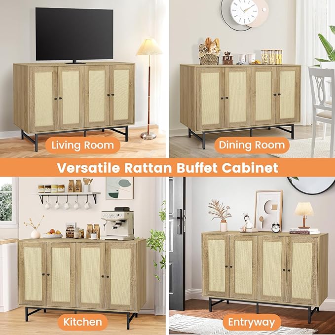 Sideboard Buffets Cabinet with 4 Rattan Doors, Large Storage Accent Cabinet - Image 7