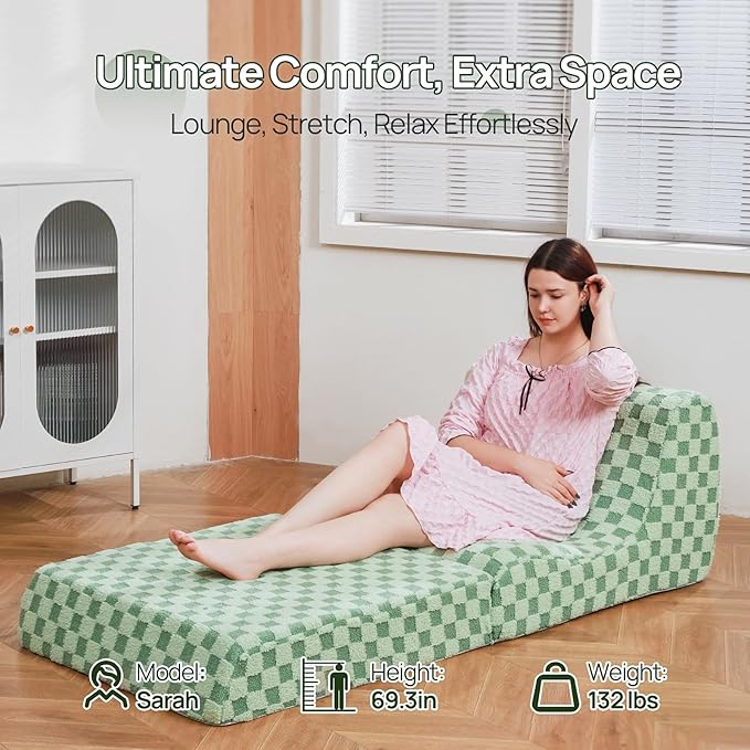 Bean Bag Chair with Checkerboard Shaker Fleece Fabric, Folding Sofa Bed - Image 3