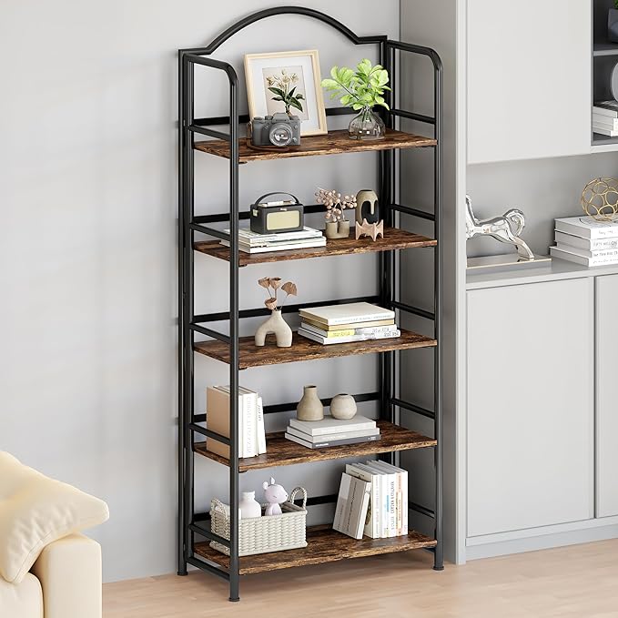 No-Assembly Folding Bookshelf Storage Shelves 5 Tiers Vintage Multifunctional - Image 2