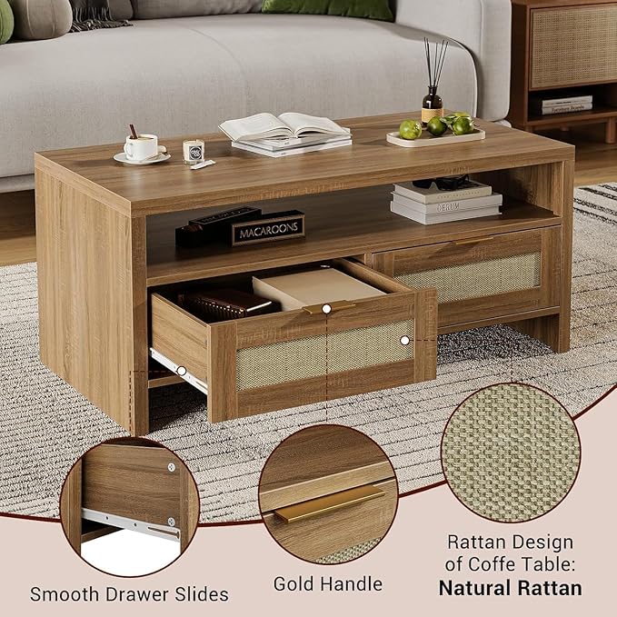 2 Tiers Boho Coffee Table with Storage, 40” Mid Century Rattan Console Table - Image 8