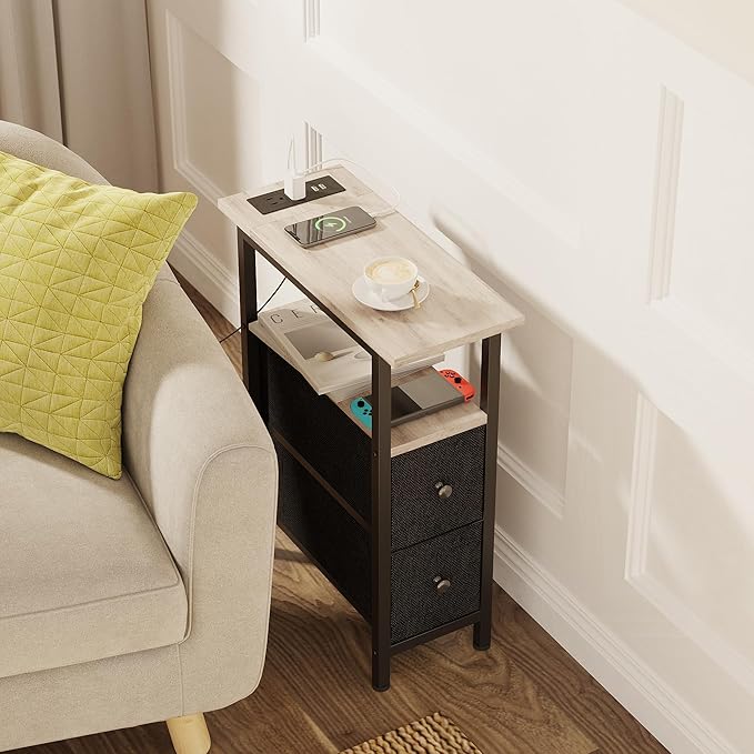 End Table Set 2 with Charging Station, Narrow Side Table with 2 Fabric Drawers - Image 7