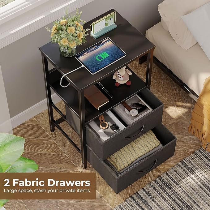 Seventable Nightstand with Charging Station, Bedside Table with LED Lights - Image 2