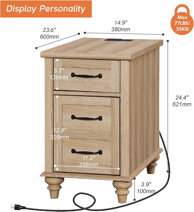 WAMPAT End Table with Charging Station, Wood Side Table with Drawer and Storage - Image 2