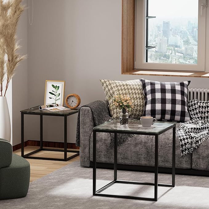 VILAWLENCE Coffee Table Set of 2, Modern Black Glass Side Table, Metal Frame - Image 9