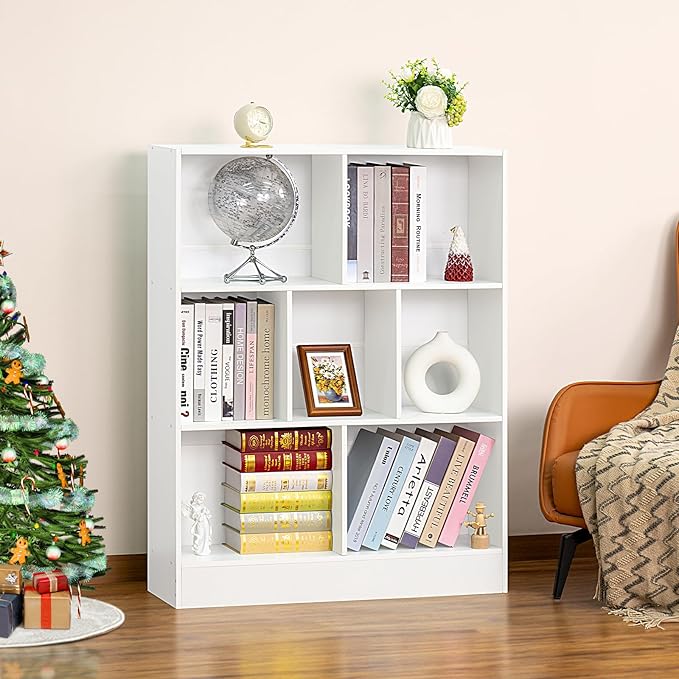 YAHARBO White 7 Cube Bookshelf, 3 Tier Modern Horizontal Bookcase, Wooden Low - Image 3