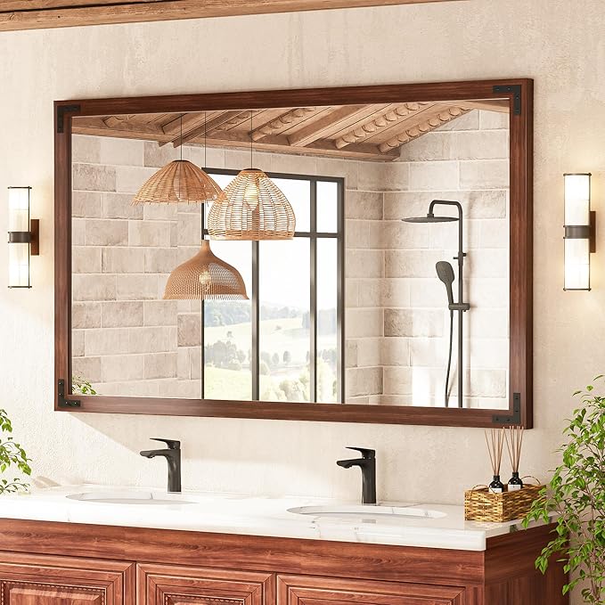 TETOTE 60 x 36 Rustic Bathroom Mirror Wood Frame, Waterproof Walnut Brown by TETOTE