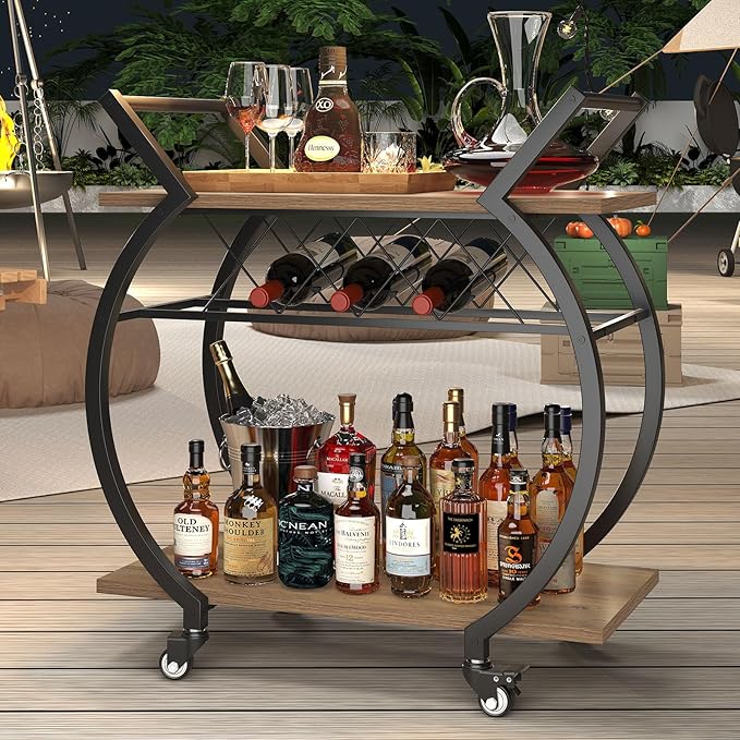 LVB Bar Cart with Wine Rack, 2 Tier Kitchen Cart on Wheels, Modern Wood and - Image 8