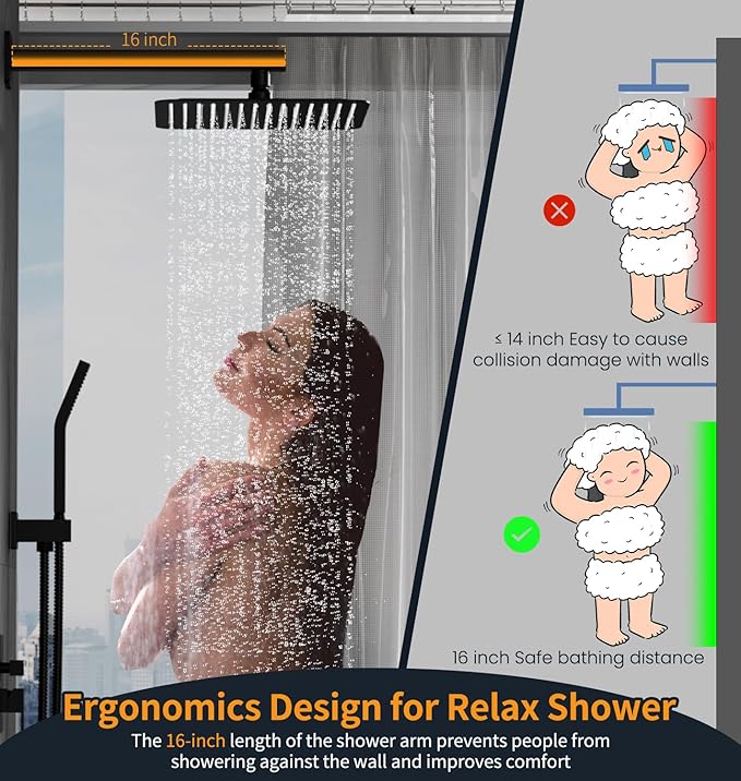 SR SUN RISE 12 Inches Matte Black Shower System 12 Inch Brass Bathroom Luxury - Image 6