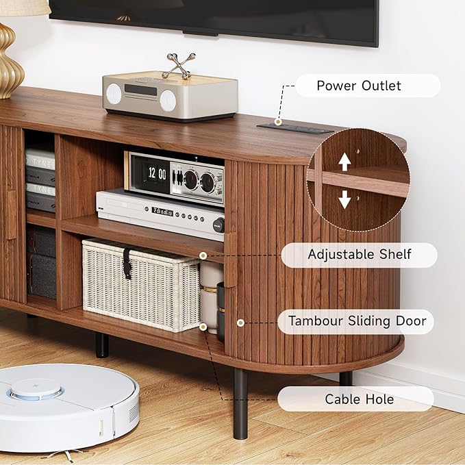 63" TV Stand with Power Outlet, Modern Media Console with Sliding Doors - Image 6