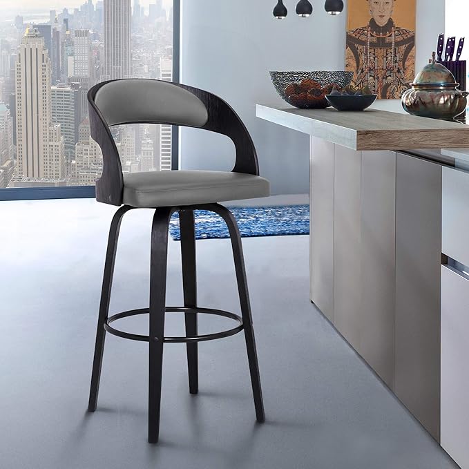 Armen Living Shelly 26" Counter Height Swivel Gray Faux Leather and Black Wood - Image 5