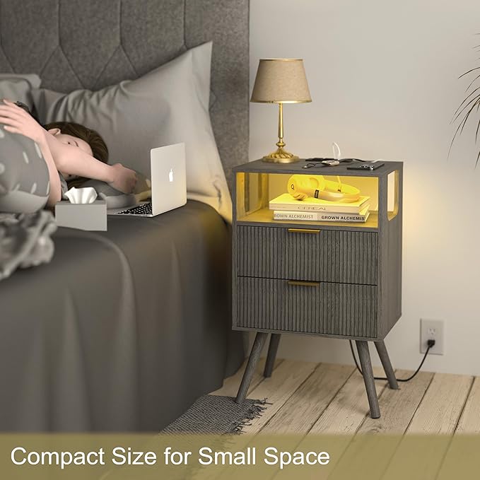 Nightstand with Charging Station and LED Lights, Modern Bedside Table with 2 - Image 4