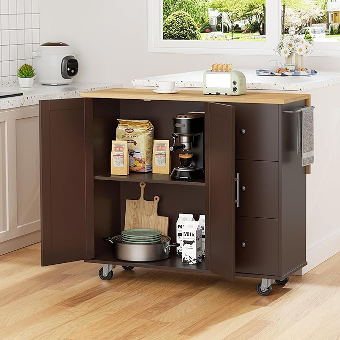 Shintenchi Kitchen Island with Folding Drop Leaf, Rolling Island Table with - Image 7