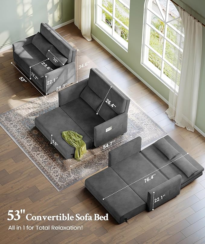 53” Convertible Sofa Bed Couch, Corduroy Couch Bed, 6-Position Loveseat Sleeper - Image 3