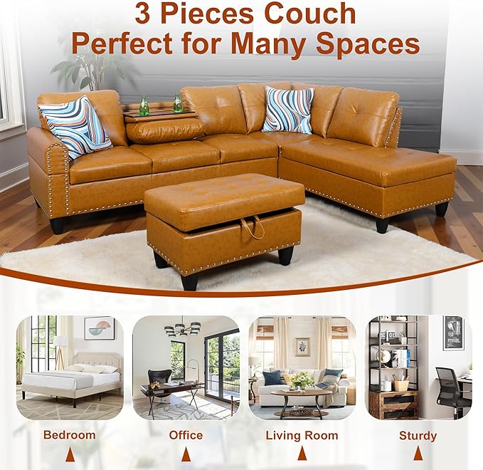 Osparple L Shaped Couch PU Leather Sectional Couch Upholstered 3 Pieces Sofas - Image 7