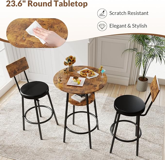 3 Pieces Round Bar Table Set, Small Dining Table - Image 6