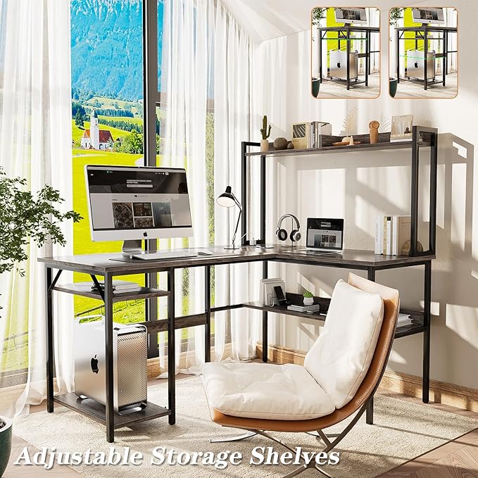 L Shaped Computer Desk with Hutch and Storage Shelves, Gaming Desk with LED - Image 2