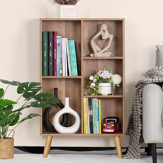5 Cube Small Bookshelf, 3 Tier Mid-Century Modern Bookcase - Image 4