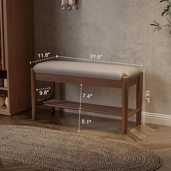 Shoe Bench Entryway with Cushion, Solid Wood Bench with Shoe Storage, 2-Tier - Image 2