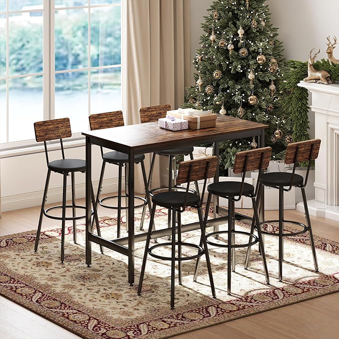 Dining Table Set for 6, 7-Piece Bar Table Set, Kitchen Table and Chairs - Image 7