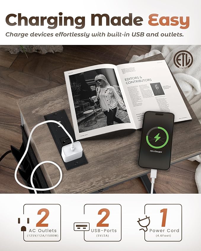 C Shaped End Table with Charging Station, Couch Side Table with Storage Pocket - Image 3