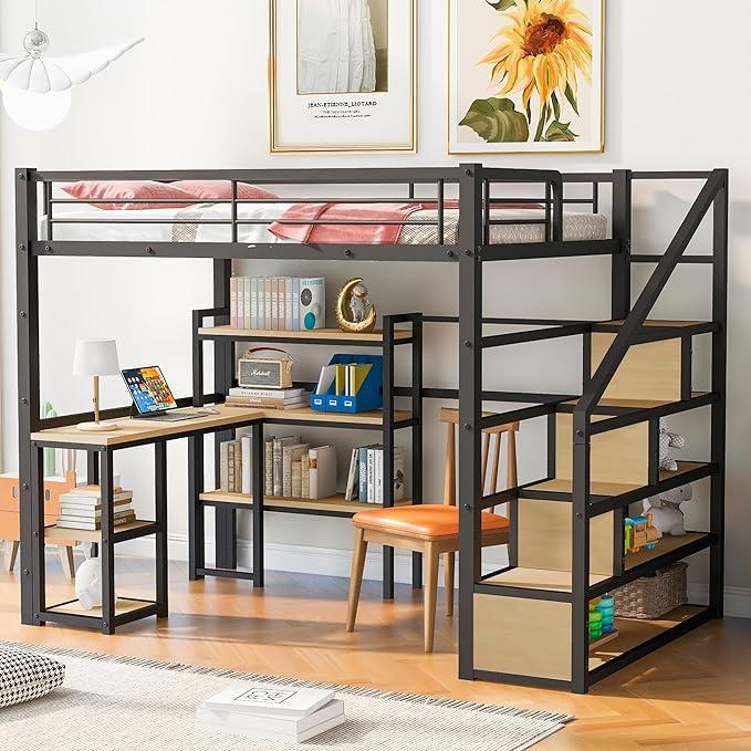 Full Size Metal Loft Bed with Staircase, Full-Length Guardrails, a Built-in by Favfurish