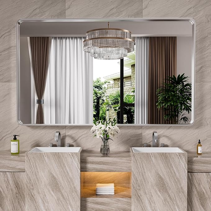 Brushed Nickel Bathroom Mirror 60x40 Inch, Brushed Silver Metal Frame Mirror - Image 2
