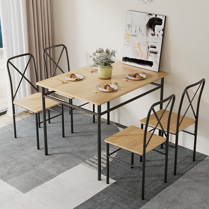 VECELO 5-Piece Kitchen Dining Table Set, Wood Tabletop & Heavy-Duty Metel Frame - Image 7