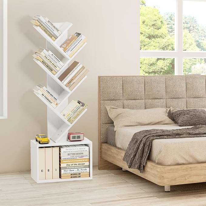 6 Tier Tree Bookshelf, Sturdy Retro Floor Standing Wood Bookcase, Storage Rack - Image 7