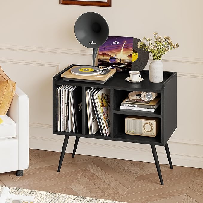 Record Player Stand with Vinyl Storage, Turntable Stand with Solid Wood Legs by Furninova
