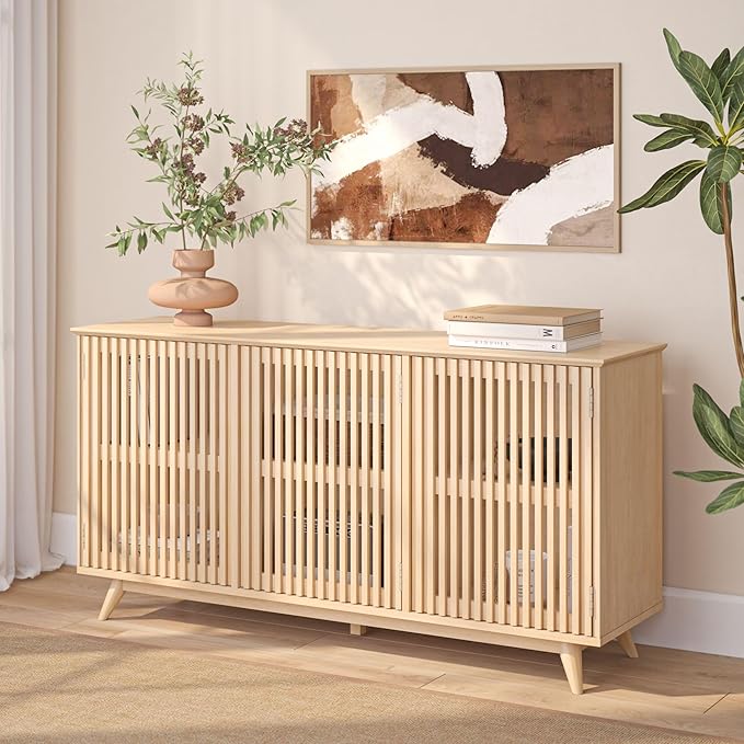Plank+Beam Mid-Century Modern Wood TV Stand, Three Door Solid Wood by PlankBeam