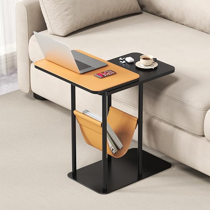 C Table End Table, Metal Base C Shaped Side Table, Double Tabletop Laptop Stand by TRUNYAQI