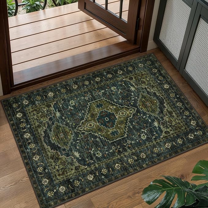 Tangsoo Washable Entryway Rugs Vintage Olive Green Rug 2x3 Non Slip Small Area by Tangsoo