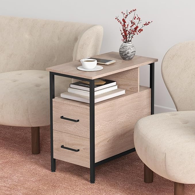 Side Tables with Charging Station, Narrow End Table with 2 Wooden Drawers - Image 6