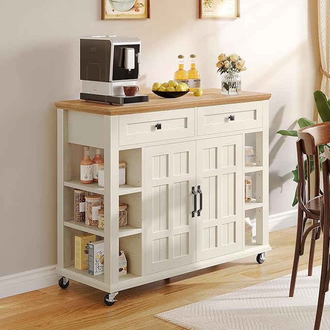 DWVO Kitchen Island with Storage Cabinet, Farmhouse Rolling Island Table on - Image 3