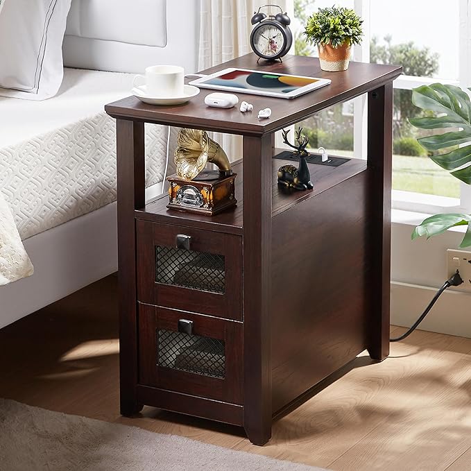 Farmhouse XXL End Table with Charging Station, Narrow Side Table with USB Ports by HDDDZSW